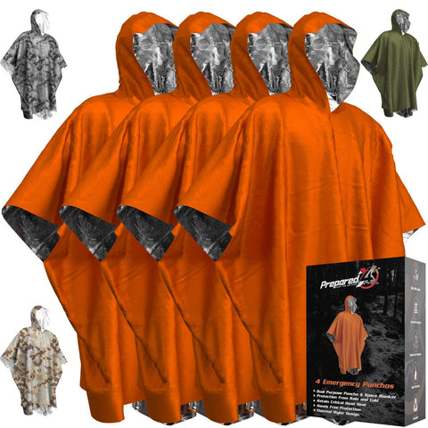 Emergency Blanket & Rain Poncho 4 Pack (Orange)
